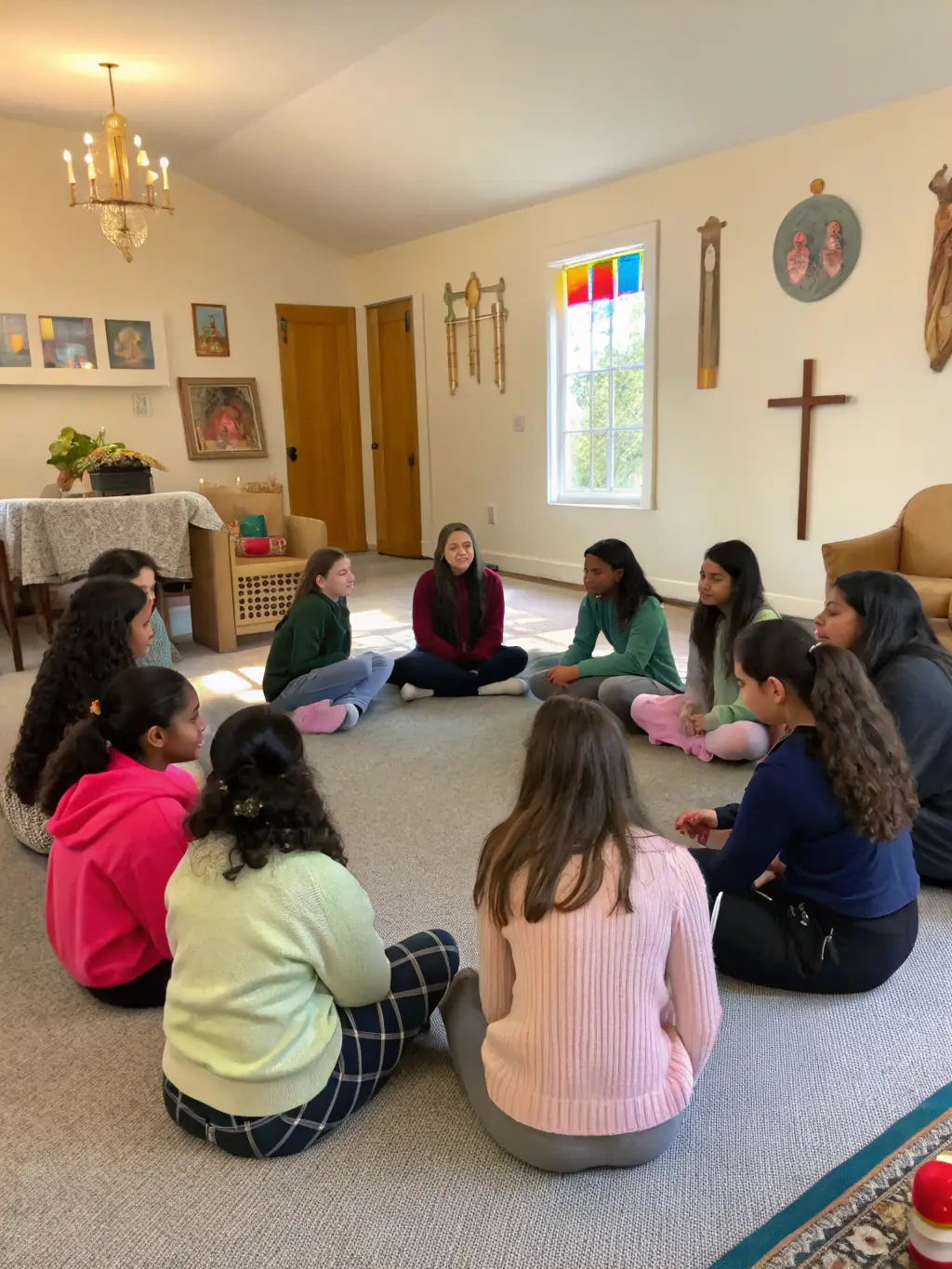A vibrant image of women sitting in a circle, engaging in a ritual with candles and traditional Andalusian decor, showcasing a sense of community and support.