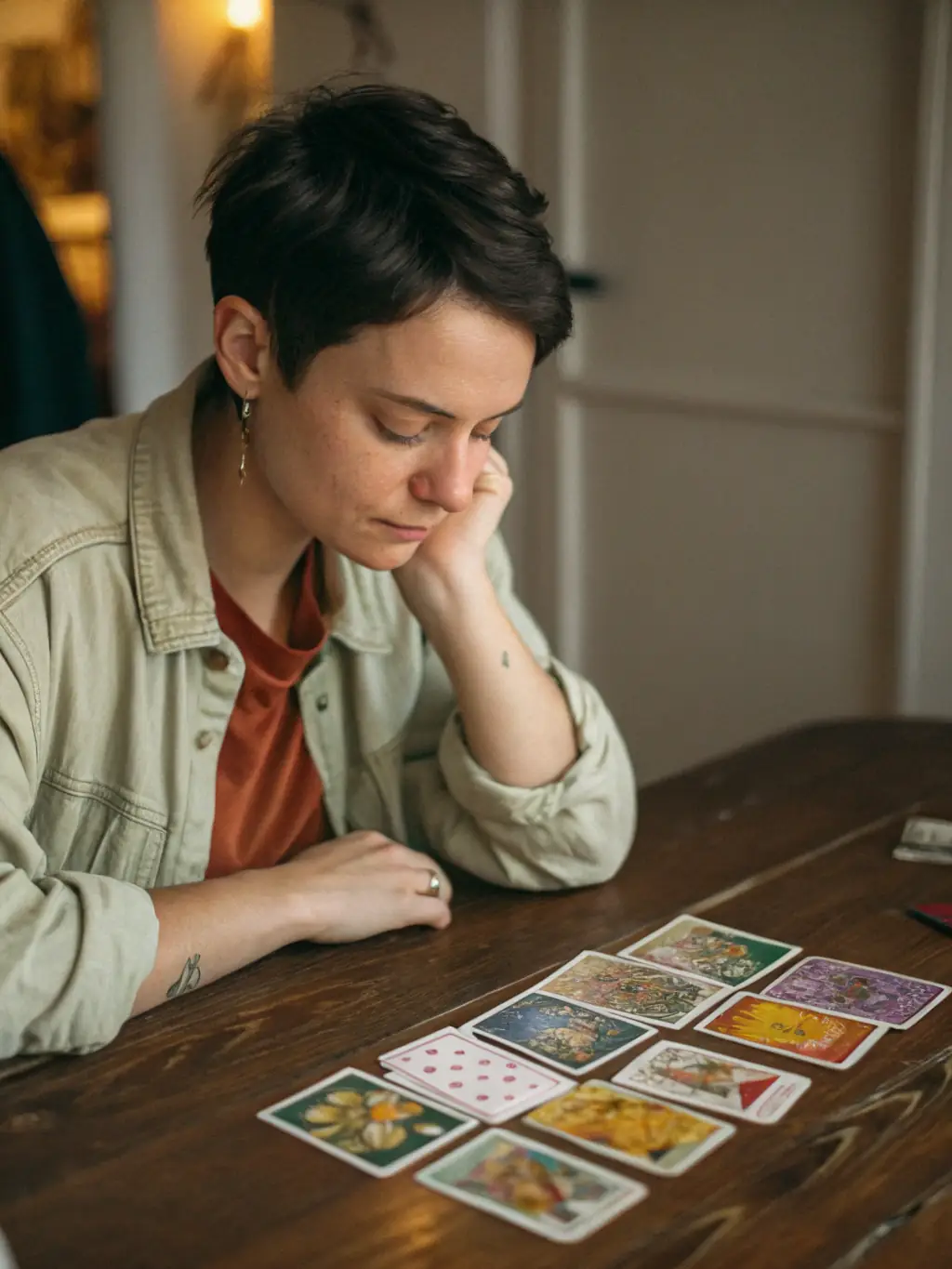 A warm, inviting image of Carmen conducting a tarot reading session with a client in a cozy, Andalusian-inspired setting, focusing on the client's hands and the tarot cards.